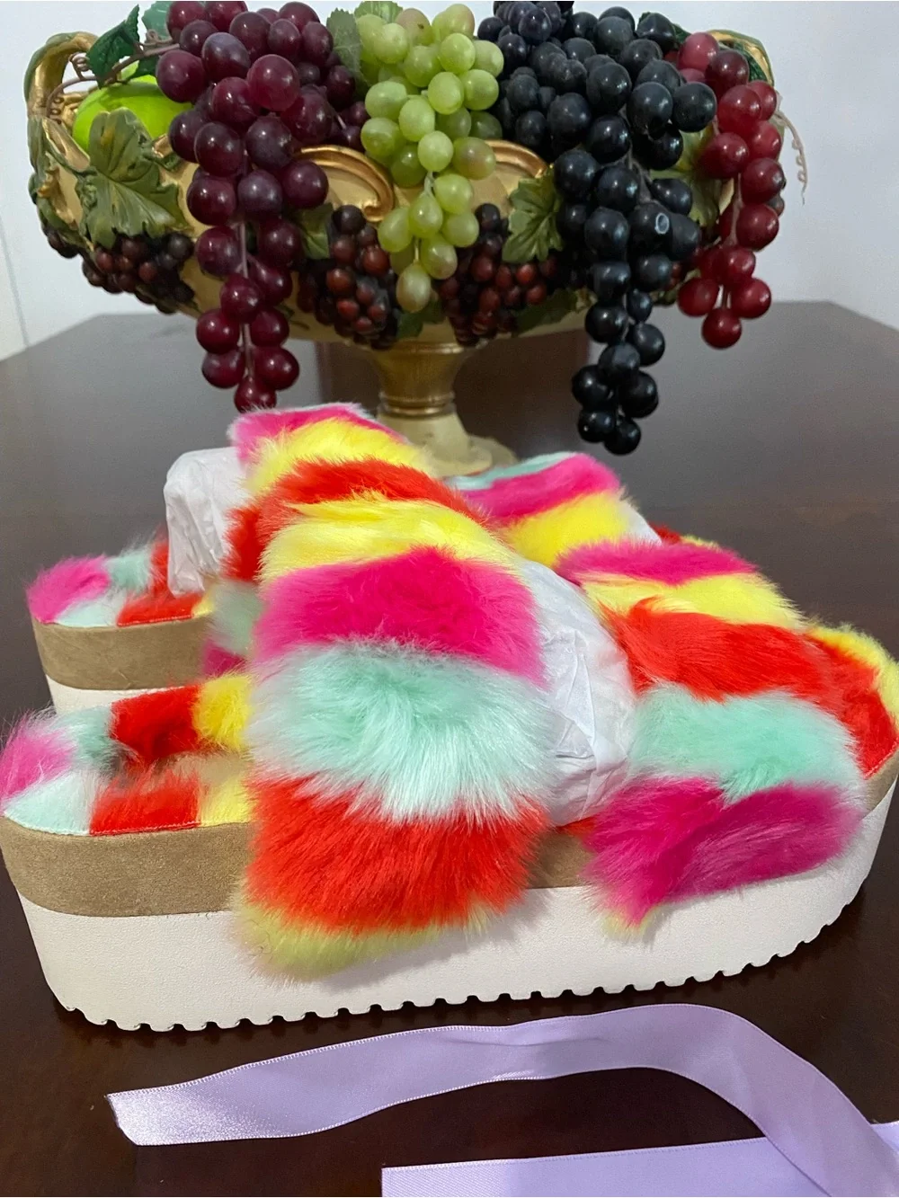 Madden Girl Multicolor Faux Fur Platform Slide Sandals